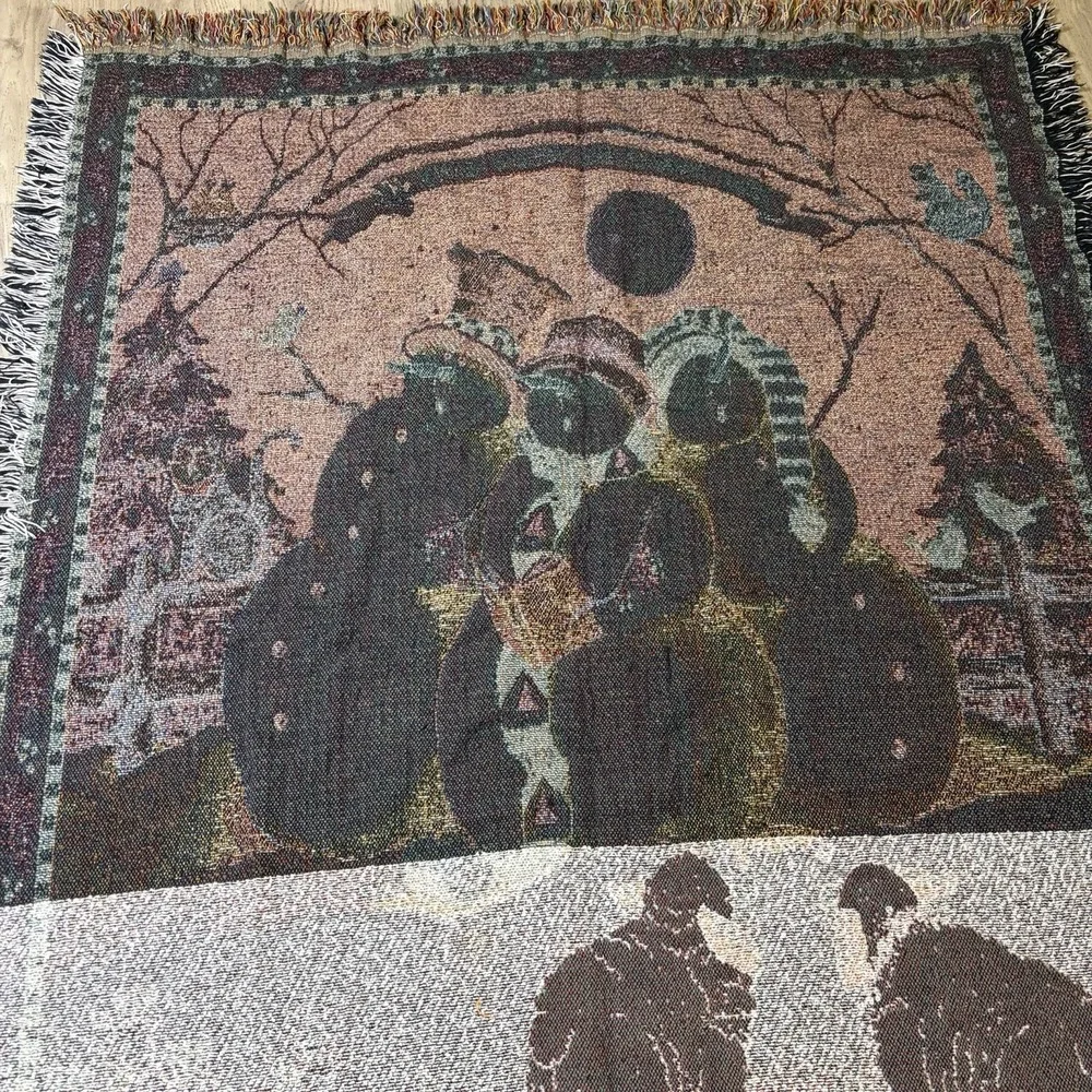 Christmas Tapestry Throw Blanket Snowman Family Fringed Christmas Caroling